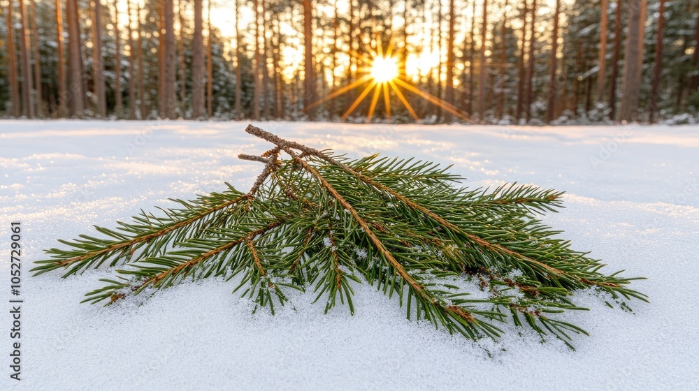 Poster snowflakes gently fall from the sky as sunlight filters through pine trees, creating a tranquil wint