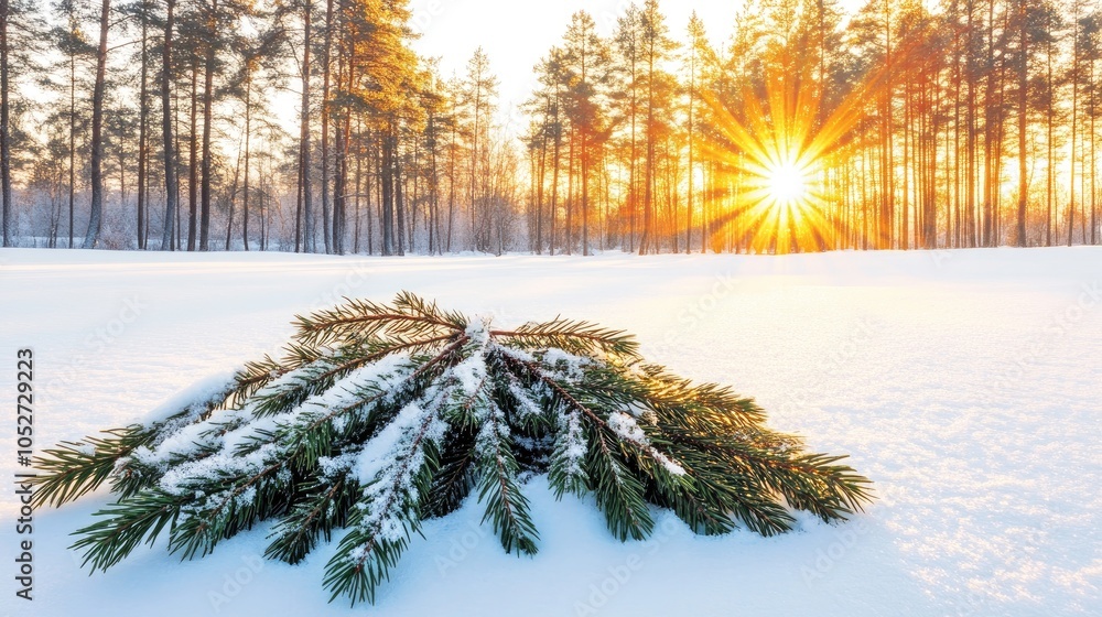 Poster snowflakes gently fall from the sky as sunlight filters through pine trees, creating a tranquil wint