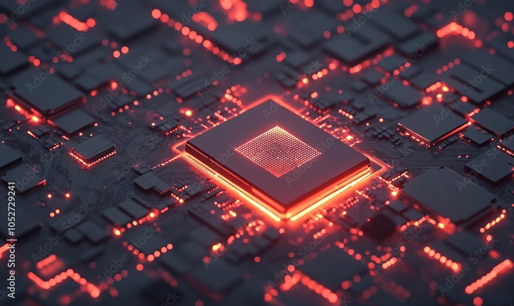 Poster microchip glowing in light red colors. technological and futuristic background