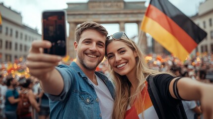 Fototapeta premium A delighted couple takes a selfie with flags and a historic monument in the background, conveying national pride, happiness, and a sense of cultural celebration outdoors.