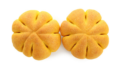 Tasty pumpkin shaped buns isolated on white, top view