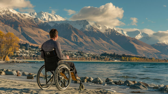 Man in a wheelchair enjoying a view of snow-covered mountains by the sea