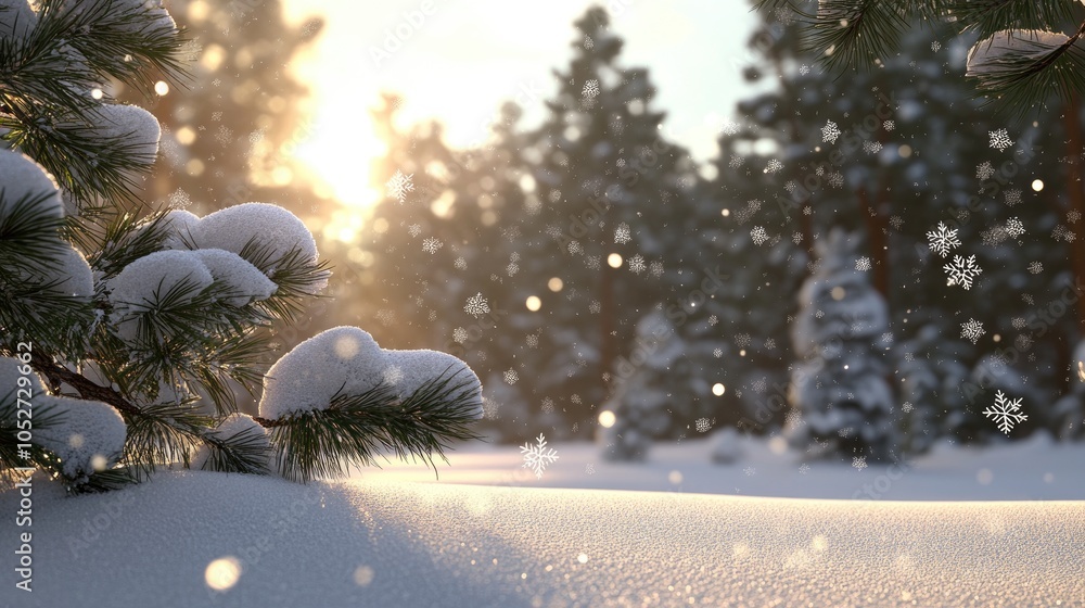 Poster snowflakes gently fall from the sky as sunlight filters through pine trees, creating a tranquil wint