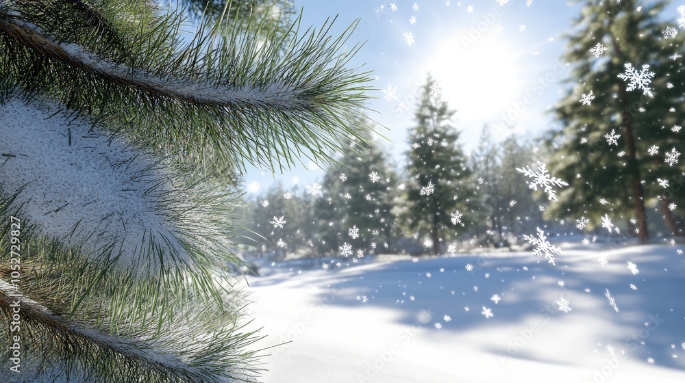 Poster snowflakes gently fall from the sky as sunlight filters through pine trees, creating a tranquil wint