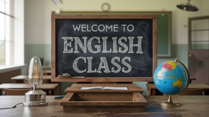 Vintage Classroom with Chalkboard "Welcome to English Classes"
