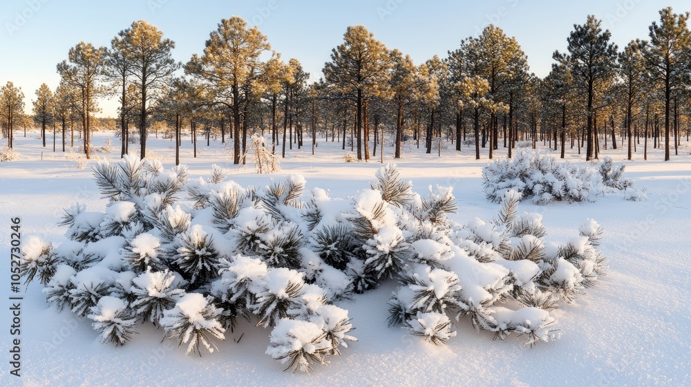 Poster snowflakes gently fall from the sky as sunlight filters through pine trees, creating a tranquil wint
