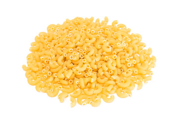 A Heap of Uncooked Chifferi Rigati Pasta Isolated on White Background. Fat and Unhealthy Food. Classic Dry Macaroni Texture. Italian Culture and Cuisine. Raw Pasta - Isolation