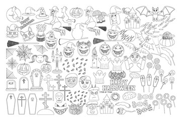 Fun Halloween-themed coloring page with collection witches, pumpkins, ghosts, bats, and other spooky characters. This set is perfect for kids and holiday activities.