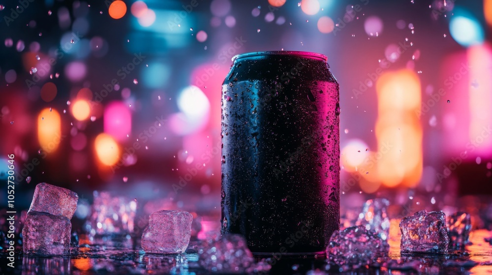 Poster A single, cold can of soda is positioned on a surface with ice cubes. The can is covered in condensation. The background is blurred, featuring a cluster of out-of-focus colorful lights.
