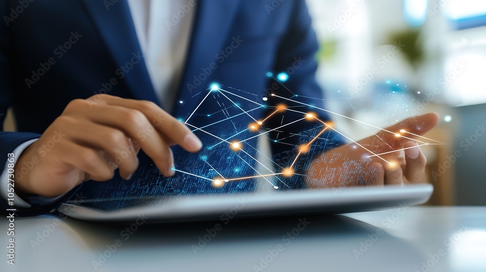 Poster businessman using tablet with data visualization graphics