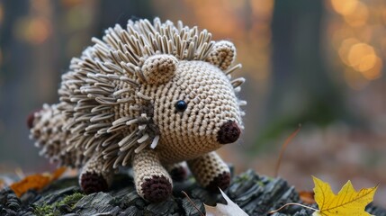 Obraz premium A charming crocheted hedgehog with detailed spines sits on a tree stump surrounded by autumn leaves, capturing a woodland theme with a cozy feel.