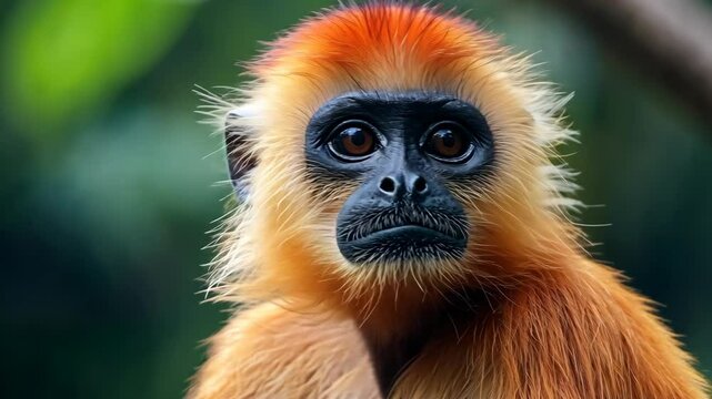 A red-shanked douc langur stares into the camera, its fur shimmering in the sun