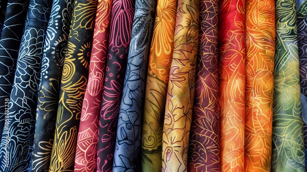 Poster a vibrant arrangement of various colorful fabrics showing intricate floral patterns, each piece refl