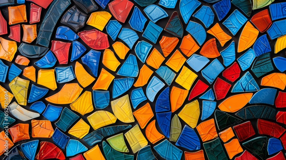 Poster a vibrant mosaic pattern consisting of colorful ceramic tiles with geometric shapes, presenting a li