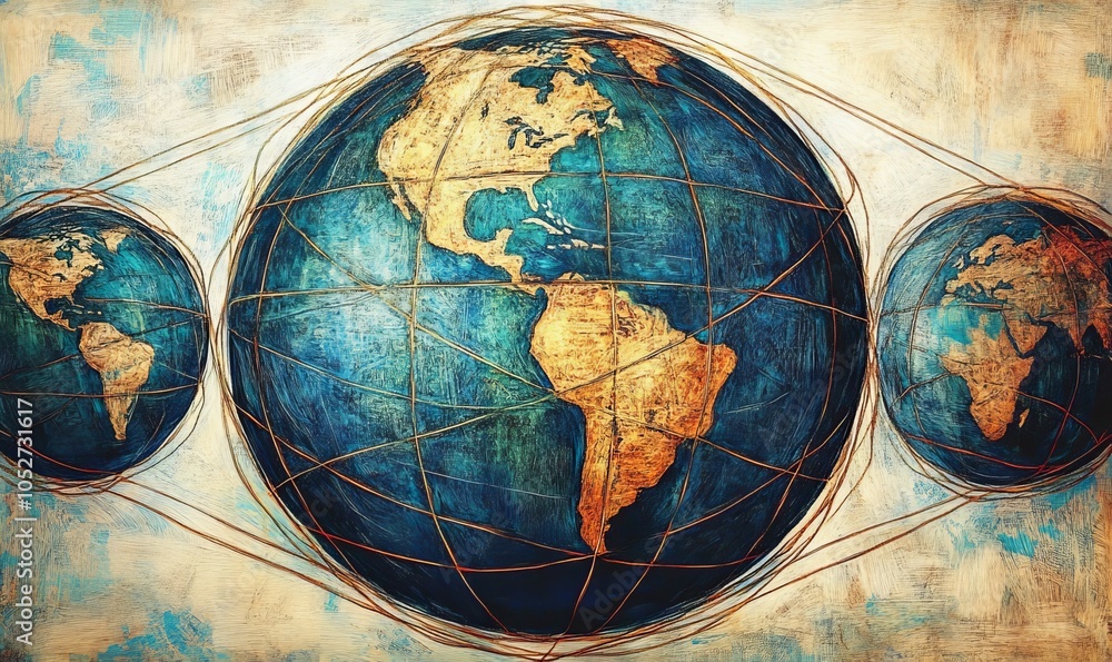 Poster a globe with a network of lines connecting it to other globes