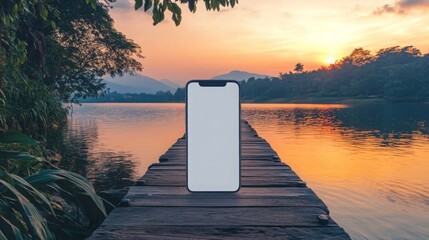 A smartphone is positioned on a wooden dock extending into a calm lake. The sunset casts a warm glow over the water, while mountains create a serene backdrop, enhancing the peaceful atmosphere. - Powered by Adobe