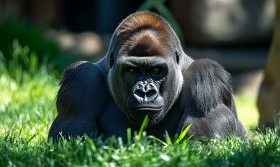 Obraz premium Powerful and Fierce Silverback Gorilla Staring Intensely, with a Commanding Presence and Primal Dominance in its Natural Habitat