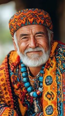 Fototapeta premium Portrait of a Smiling Elderly Man Wearing Traditional Clothing and a Beaded Necklace