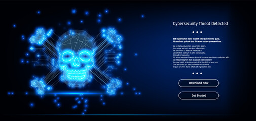 Cybersecurity alert indicating a detected threat with a digital skull and crossbones on a blue background.
