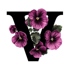 Floral Letter V - Purple Pansies