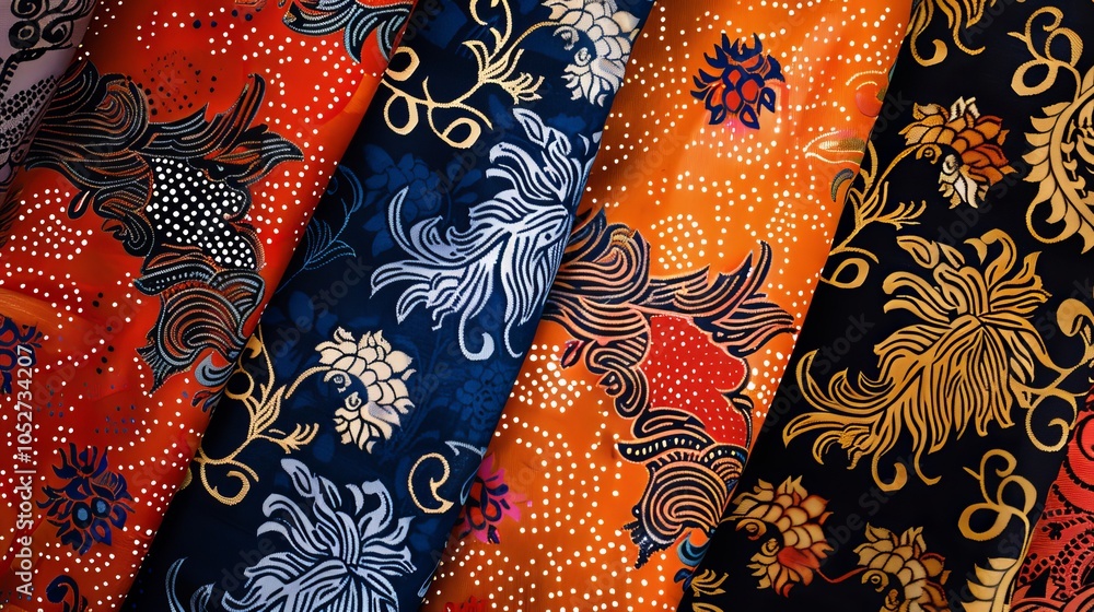 Poster vivid batik fabrics featuring intricate floral and abstract patterns in an array of vibrant colors s