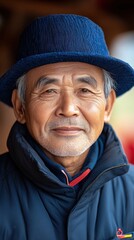 Close-up Portrait of a Smiling Elderly Man Wearing a Blue Hat and Jacket