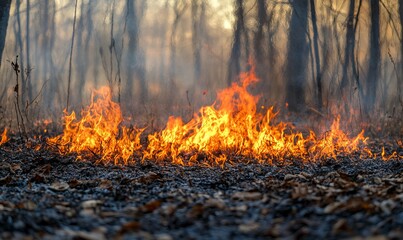 Active flame surrounded by burnt ash in the foreground signifying ongoing combustion Illegal burning of leaves and dry grass