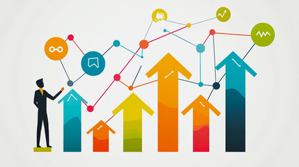 abstract business man stands on the peak of success amid tall, innovative Arrows point the way to success. and graphs with statistics to analyze business potential and predict future developments in 