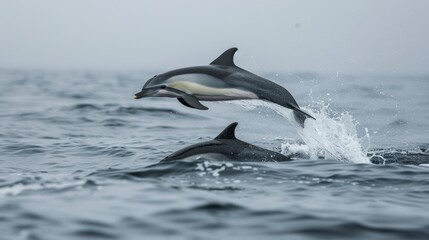 Fototapeta premium Two graceful dolphins leap joyfully out of the waters, capturing a dynamic moment full of life and motion amidst the serene, misty ocean backdrop.