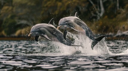 Obraz premium A stunning moment capturing two dolphins airborne over a sparkling water surface, with trees in the background, embodying freedom and natural beauty.