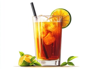 Fototapeta premium A tall glass of iced tea with a lime wedge and mint garnish.