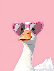 A minimalist illustration of a cute white duck wearing oversized pink heart-shaped sunglasses.