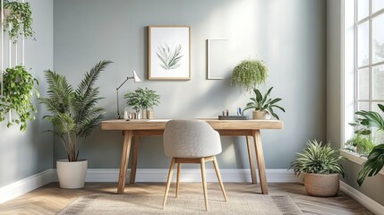 A serene workspace with a reclaimed wood desk, an adjustable chair, and soft pastel wall colors, enhanced by a few decorative plants for a calming effect