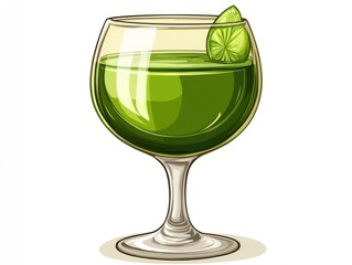 Green cocktail in a stemmed glass with a lime wedge garnish.