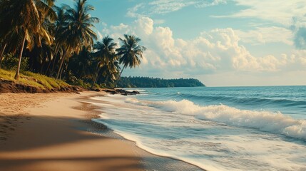 A beautiful beach scene at Bekal, with soft waves lapping against the golden sands and palm trees swaying in the breeze.
