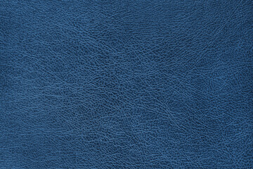 Structure of genuine leather surface with slightly grainy texture macro, close up. Smooth shiny blue leatherette, upholstery material, luxury background, backdrop, wallpaper