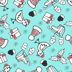 Christmas pattern with cozy mittens, ice skating dream and red berries on frosty blue background. Vector. For printing, packaging, textiles.