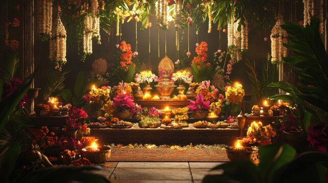 A beautifully lit altar adorned with flowers and lamps, symbolizing prosperity for Dhantera celebrations.