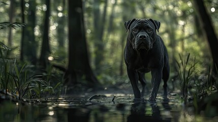 A Cane Corso exploring a wooded area, with its keen eyes focused on the surroundings.