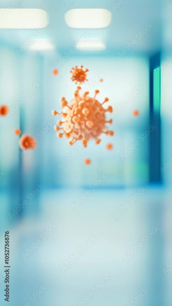 Poster monkeypox virus particles are floating in a hospital corridor, representing the spread of infectious