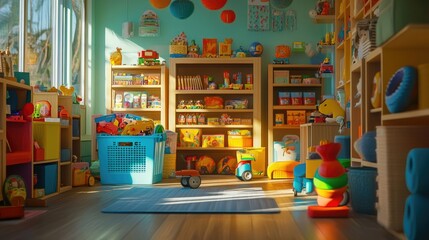 Naklejka premium A charming children's section filled with colorful toys, storage bins, and playful decor, emphasizing creativity in home goods.