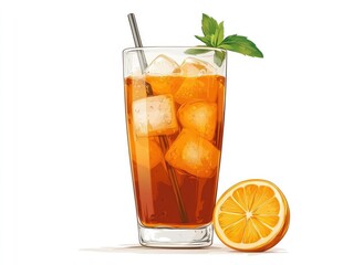 Tall glass of iced tea with ice cubes, orange slice and a sprig of mint.