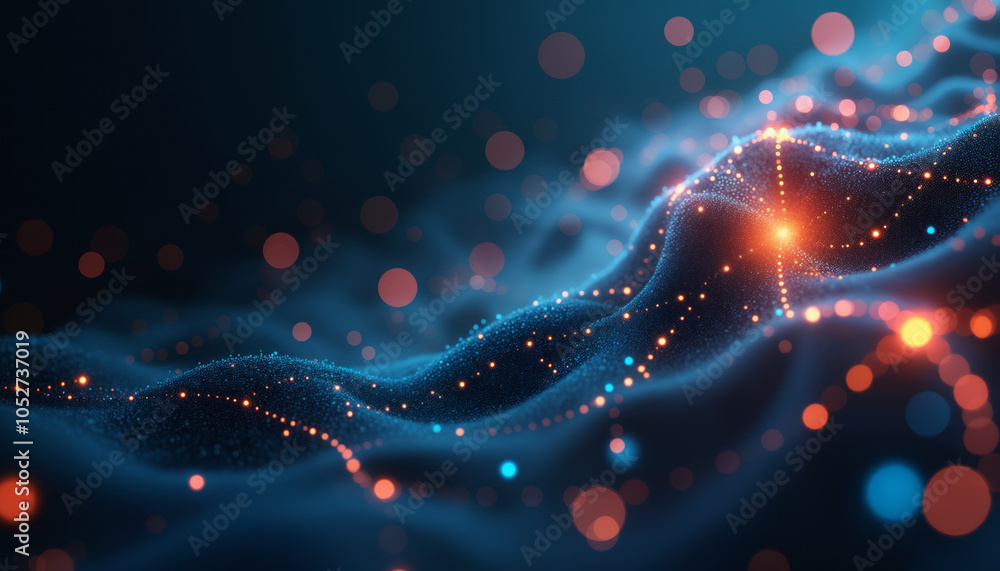 Aufkleber glowing blue and red dots and particles form a wave-like pattern, centered around a star on a dark b