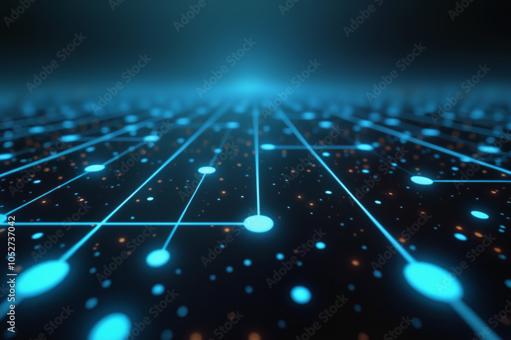 Poster a futuristic blue and black background with glowing dots and lines forming a network. this image sym
