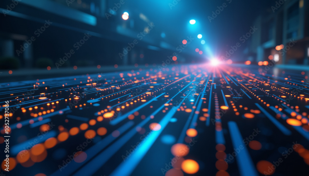 Poster a circuit board featuring intricate blue lines with red glowing dots scattered across, symbolizing a