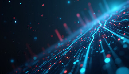 Obraz premium A blue and red light trail, illuminated by scattered dots and lights, cuts through a dark gradient background, evoking energy and movement.