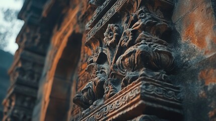 A close-up of ornate stonework on a historical building in Mehrauli, showcasing exquisite craftsmanship.