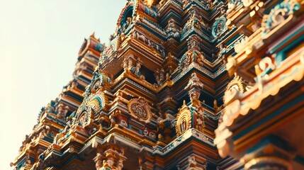 Obraz premium A close-up of ornate temple architecture with intricate carvings and vibrant colors, set against a clear sky.