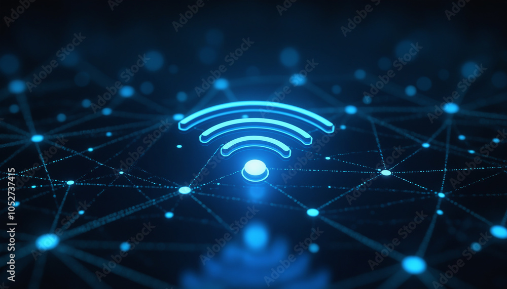 Poster wireless signal icon with network integration: a wireless signal icon embedded in a digital network,