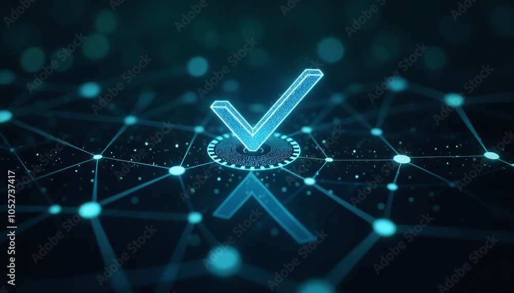 Poster checkmark icon with network verification: a checkmark icon integrated within a network, representing